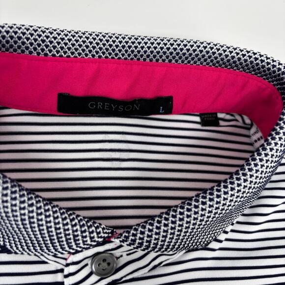 Greyson Men's Large Blue White Striped Short Sleeve Golf Polo Shirt - Picture 2 of 6